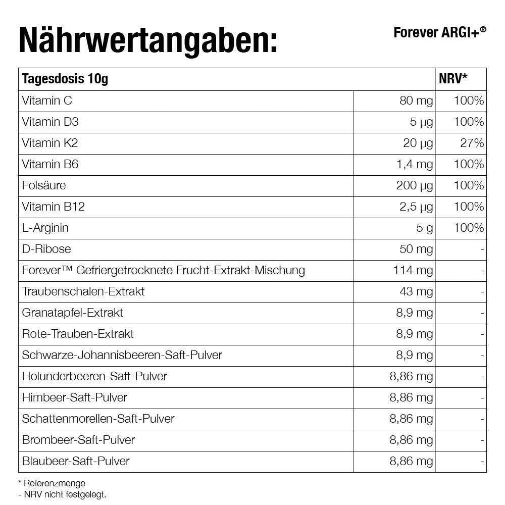 Forever Argi Plus Nährwertangaben, mit 5g L-Arginin und Vitaminen für Sport und Energie