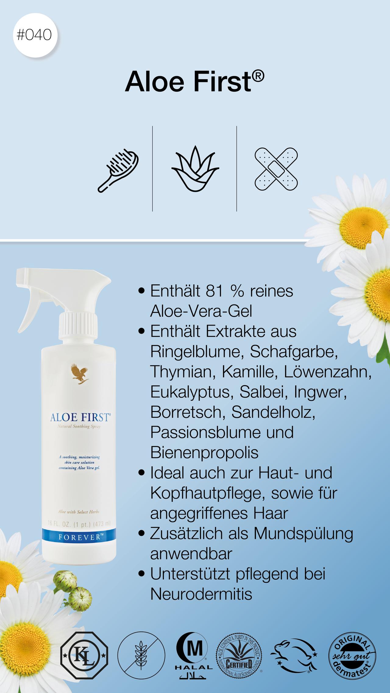 Forever Aloe First Spray weiße Sprühflasche mit Aloe Vera und Kräutern für Haut und Haare Produktkarte