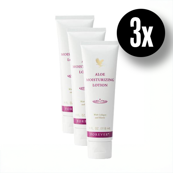 Forever Aloe Moisturizing Lotion violette Tube mit Kollagen und Elastin für Gesicht und Körper 3er Set