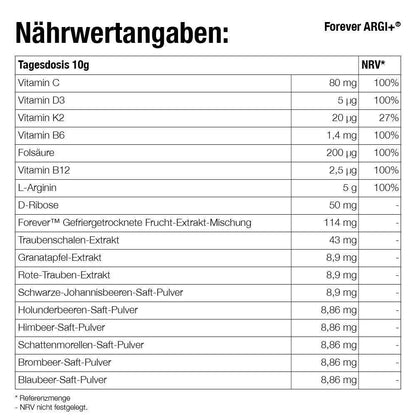 Forever Argi Plus Nährwertangaben, mit 5g L-Arginin und Vitaminen für Sport und Energie